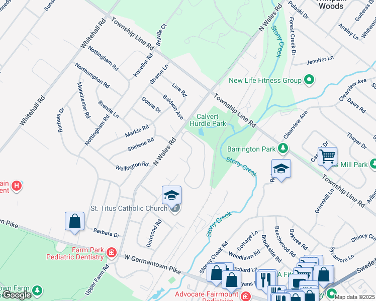 map of restaurants, bars, coffee shops, grocery stores, and more near 121 Stony Way in Eagleville