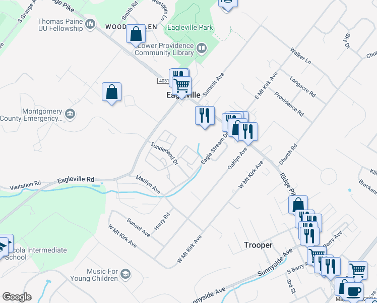 map of restaurants, bars, coffee shops, grocery stores, and more near 5001 Defford Place in Eagleville