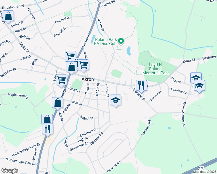 map of restaurants, bars, coffee shops, grocery stores, and more near in Akron