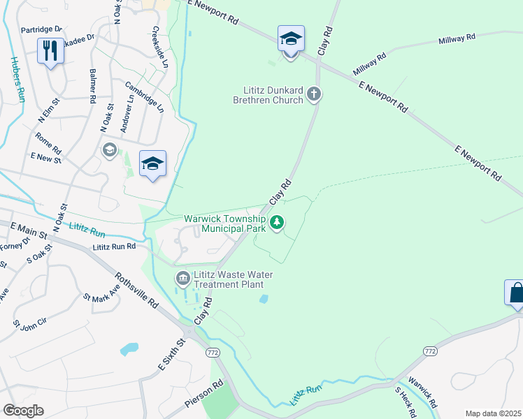 map of restaurants, bars, coffee shops, grocery stores, and more near 306 Clay Road in Lititz