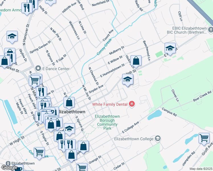 map of restaurants, bars, coffee shops, grocery stores, and more near 531 Snyder Avenue in Elizabethtown