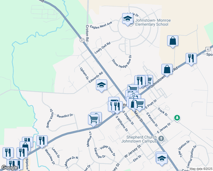 map of restaurants, bars, coffee shops, grocery stores, and more near 171 North Main Street in Johnstown