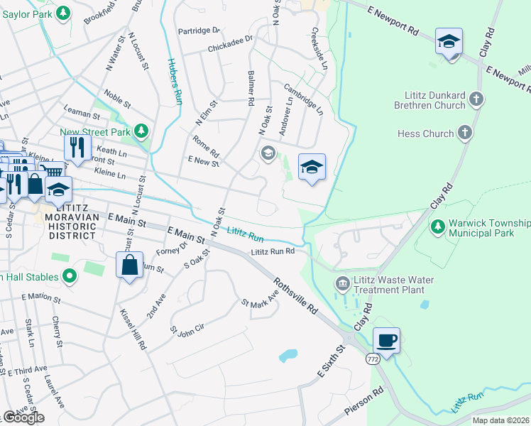 map of restaurants, bars, coffee shops, grocery stores, and more near 600 Front Street in Lititz