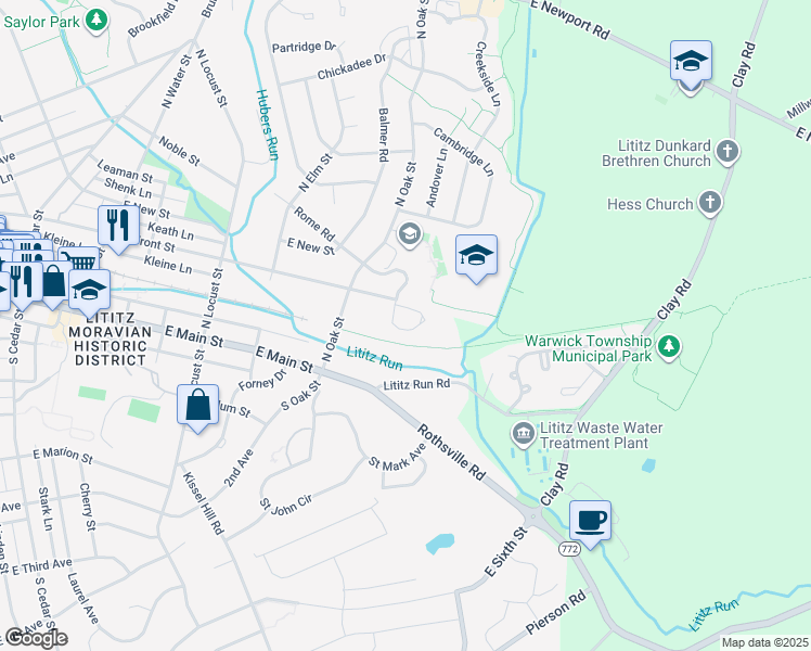 map of restaurants, bars, coffee shops, grocery stores, and more near 600 Front Street in Lititz