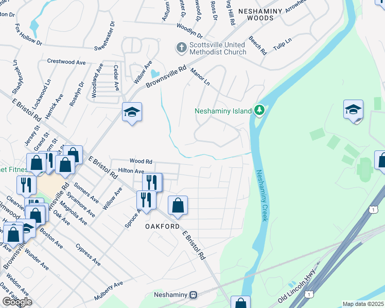 map of restaurants, bars, coffee shops, grocery stores, and more near 1101 Ridge Road in Langhorne