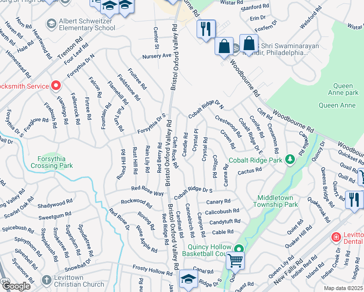 map of restaurants, bars, coffee shops, grocery stores, and more near 53 Candle Road in Levittown