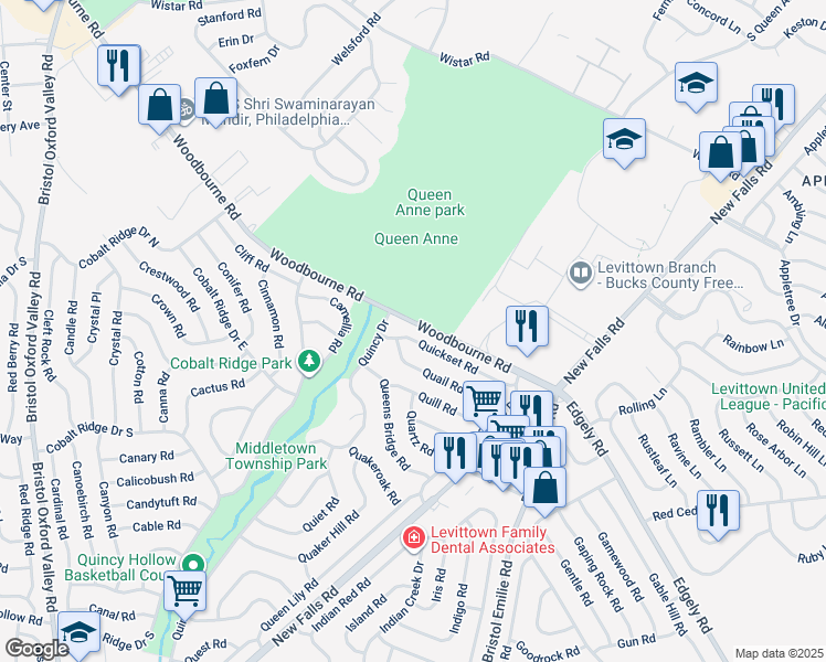 map of restaurants, bars, coffee shops, grocery stores, and more near 62 Quickset Road in Levittown
