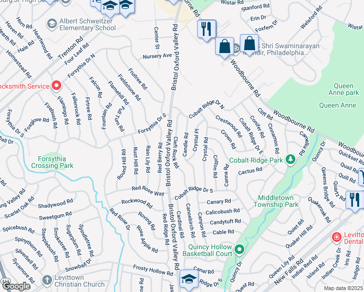 map of restaurants, bars, coffee shops, grocery stores, and more near 53 Candle Road in Levittown
