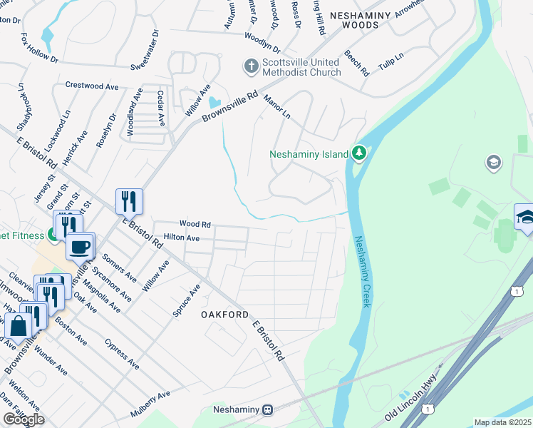 map of restaurants, bars, coffee shops, grocery stores, and more near 1101 Ridge Road in Langhorne