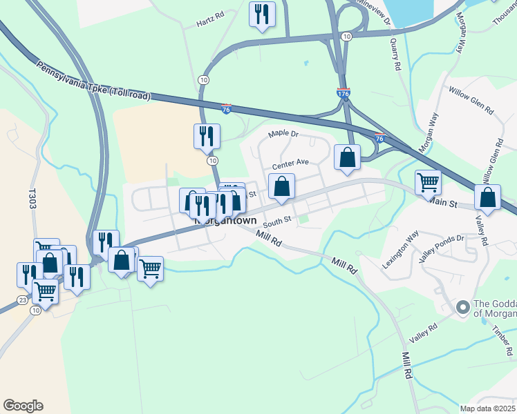 map of restaurants, bars, coffee shops, grocery stores, and more near 2961 Main Street in Morgantown