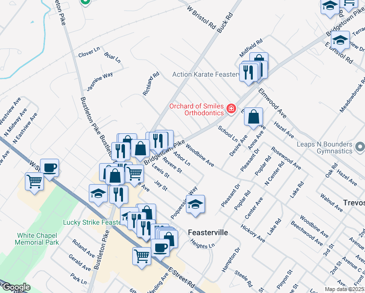 map of restaurants, bars, coffee shops, grocery stores, and more near 11 Woodbine Avenue in Feasterville