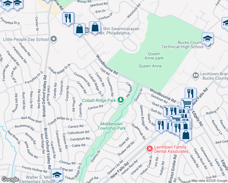 map of restaurants, bars, coffee shops, grocery stores, and more near 42 Cinnamon Road in Levittown