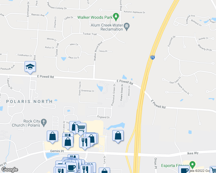 map of restaurants, bars, coffee shops, grocery stores, and more near 9174 Walker Park Drive in Columbus