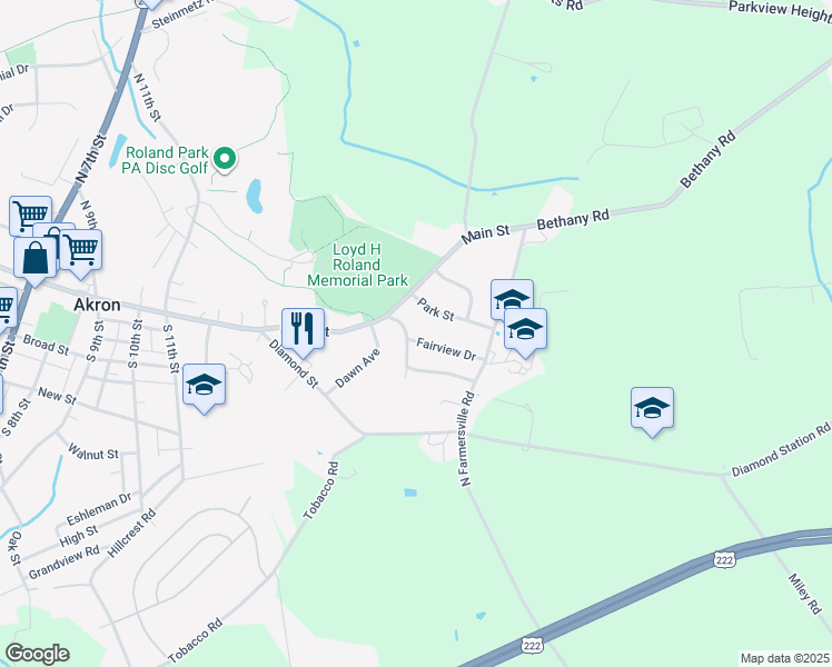 map of restaurants, bars, coffee shops, grocery stores, and more near 14 Park Street in Akron