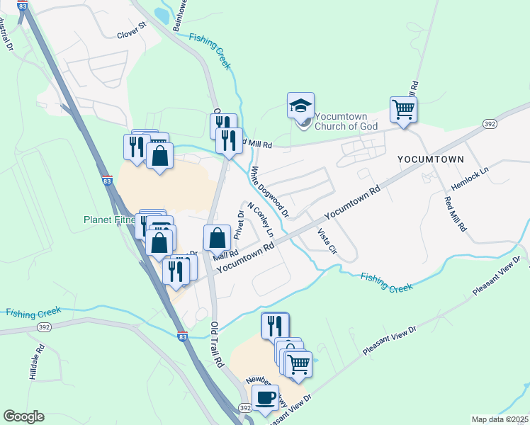 map of restaurants, bars, coffee shops, grocery stores, and more near 32 North Conley Lane in Goldsboro
