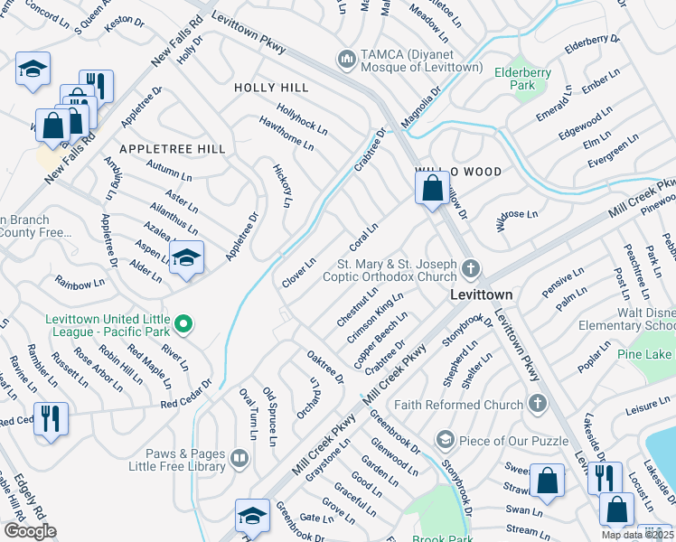 map of restaurants, bars, coffee shops, grocery stores, and more near 40 Coral Lane in Levittown