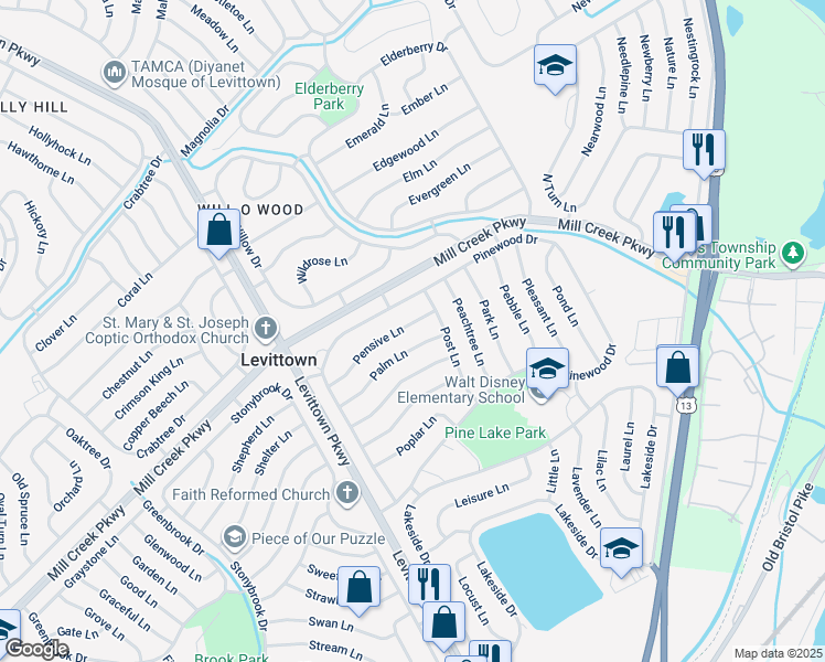 map of restaurants, bars, coffee shops, grocery stores, and more near 56 Pensive Lane in Levittown