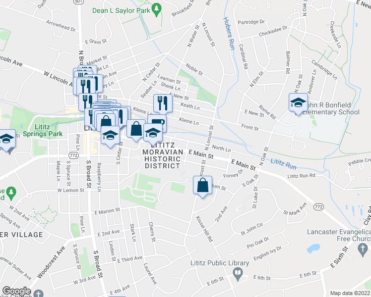 map of restaurants, bars, coffee shops, grocery stores, and more near 335 East Main Street in Lititz