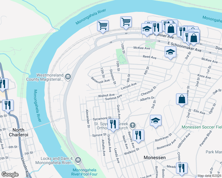 map of restaurants, bars, coffee shops, grocery stores, and more near 1128 Reservoir Avenue in Monessen