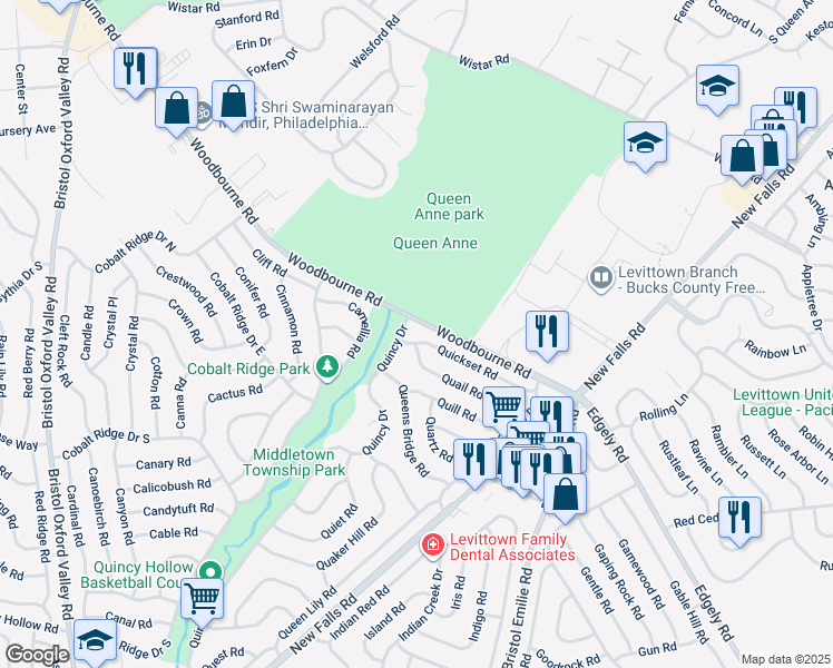map of restaurants, bars, coffee shops, grocery stores, and more near 70 Quickset Road in Levittown