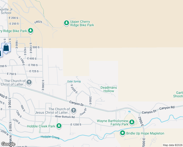 map of restaurants, bars, coffee shops, grocery stores, and more near 2503 East 700 South in Springville