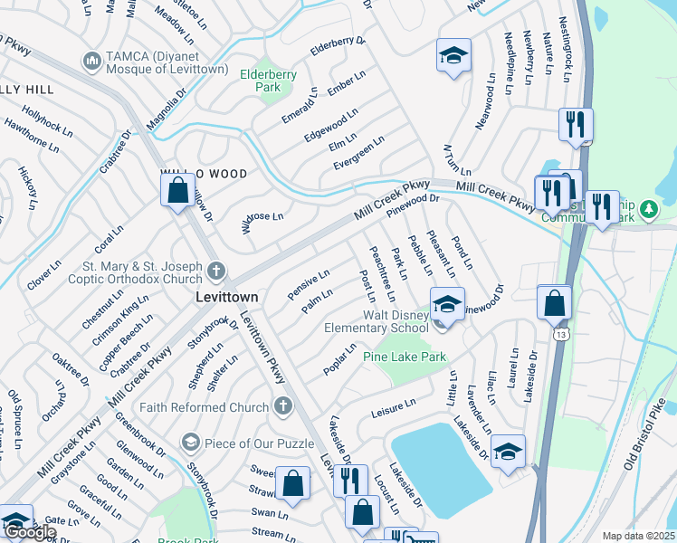 map of restaurants, bars, coffee shops, grocery stores, and more near 56 Pensive Lane in Levittown