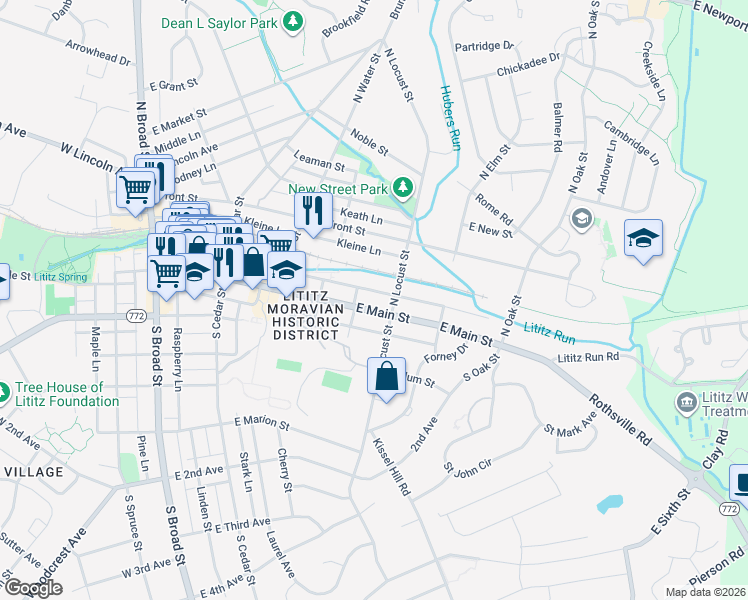 map of restaurants, bars, coffee shops, grocery stores, and more near 14 North Locust Street in Lititz