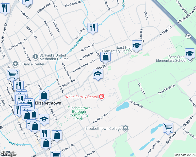 map of restaurants, bars, coffee shops, grocery stores, and more near 576-580 East High Street in Elizabethtown