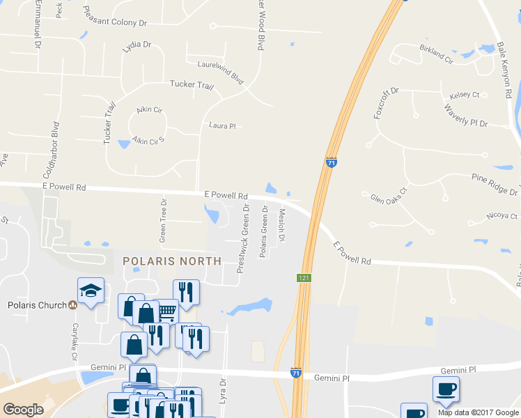 map of restaurants, bars, coffee shops, grocery stores, and more near 3004 East Powell Road in Columbus