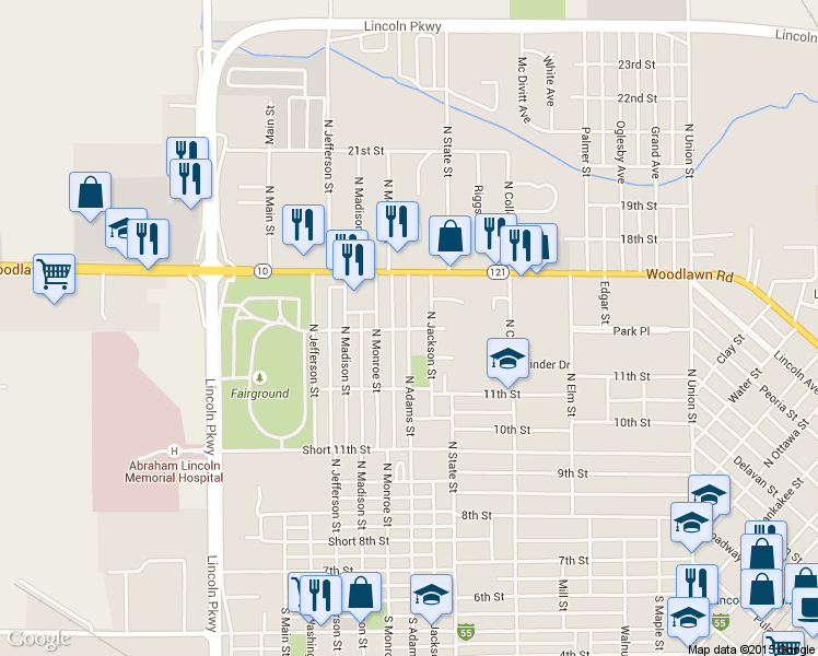map of restaurants, bars, coffee shops, grocery stores, and more near 800 North Adams Street in Lincoln