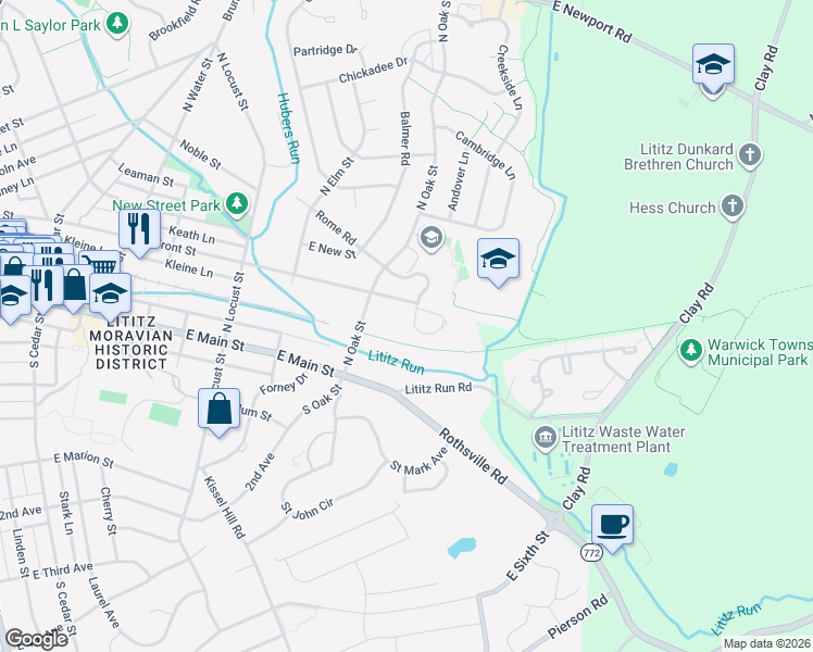 map of restaurants, bars, coffee shops, grocery stores, and more near 612 Front Street in Lititz