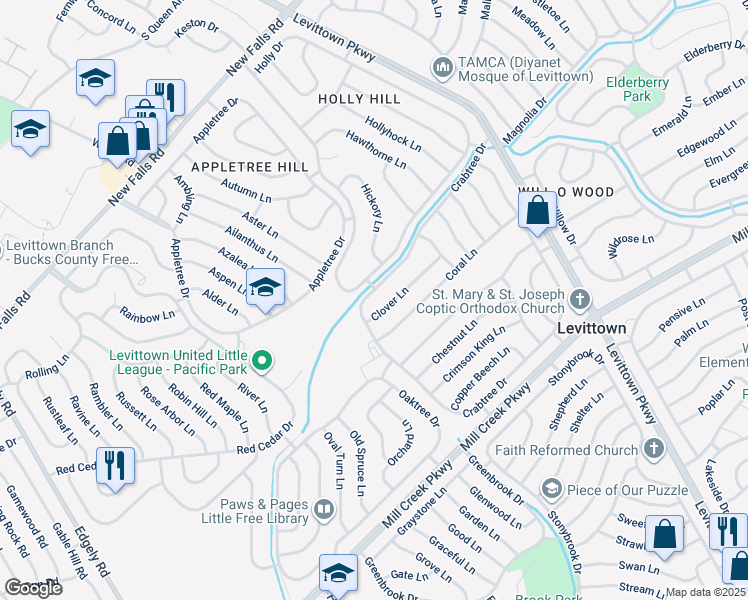 map of restaurants, bars, coffee shops, grocery stores, and more near 294 Crabtree Drive in Levittown
