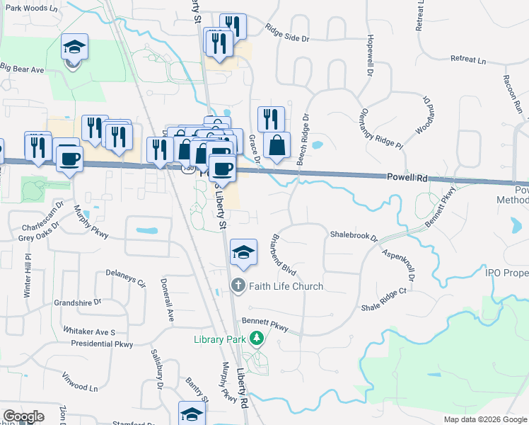 map of restaurants, bars, coffee shops, grocery stores, and more near 127 Kellys Court in Powell