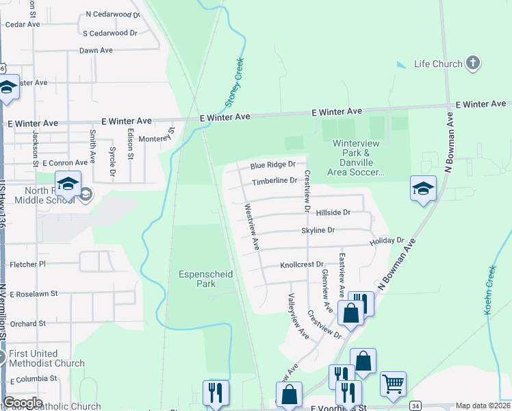 map of restaurants, bars, coffee shops, grocery stores, and more near 1901-1999 Westview Avenue in Danville