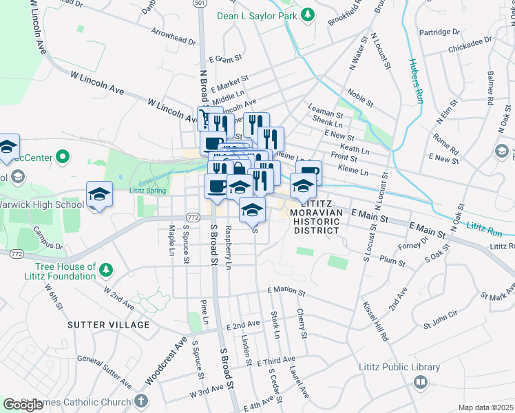 map of restaurants, bars, coffee shops, grocery stores, and more near 20 South Cedar Street in Lititz