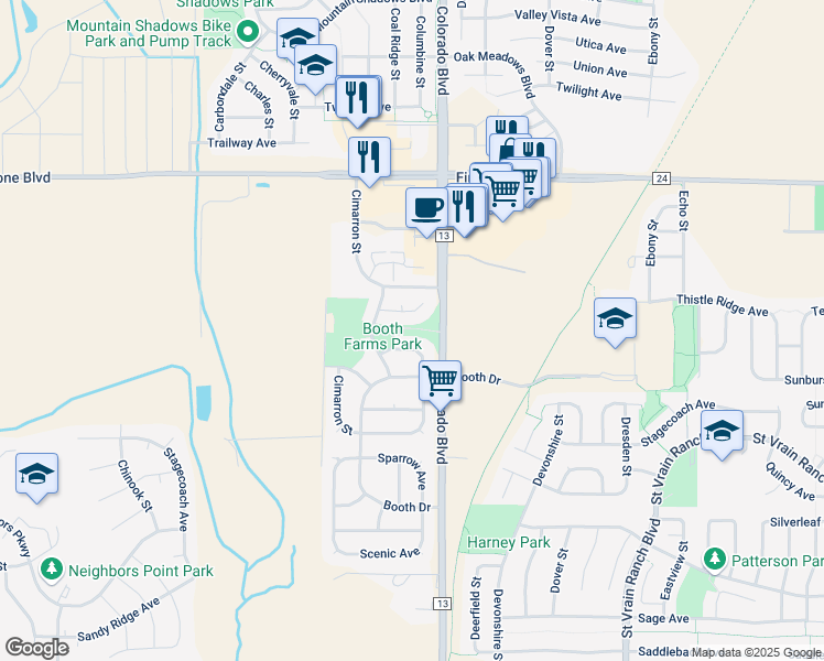 map of restaurants, bars, coffee shops, grocery stores, and more near 10690 Coal Mine Street in Longmont
