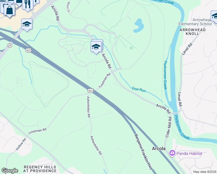 map of restaurants, bars, coffee shops, grocery stores, and more near 320 Troutman Road in Collegeville