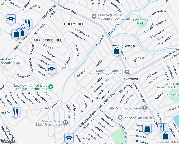map of restaurants, bars, coffee shops, grocery stores, and more near 40 Coral Lane in Levittown