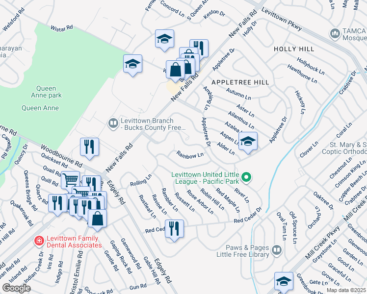 map of restaurants, bars, coffee shops, grocery stores, and more near 283 Red Cedar Drive in Levittown