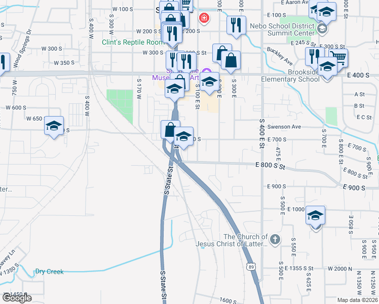 map of restaurants, bars, coffee shops, grocery stores, and more near 50 East 750 South in Springville