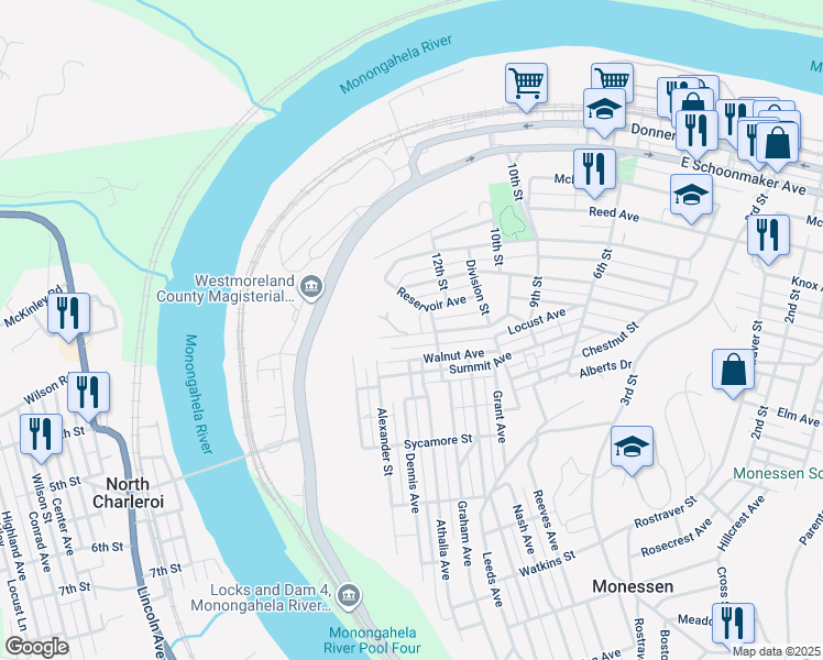 map of restaurants, bars, coffee shops, grocery stores, and more near 1423 Maple Avenue in Monessen