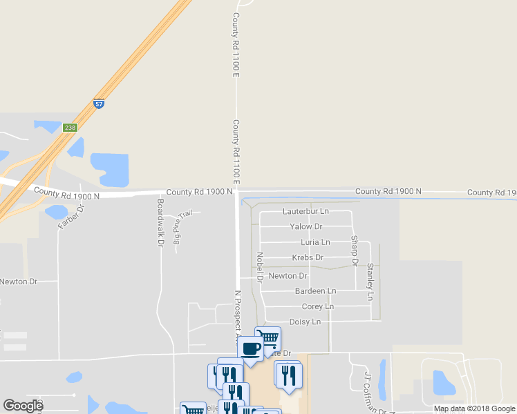 map of restaurants, bars, coffee shops, grocery stores, and more near 716 Lauterbur Lane in Champaign
