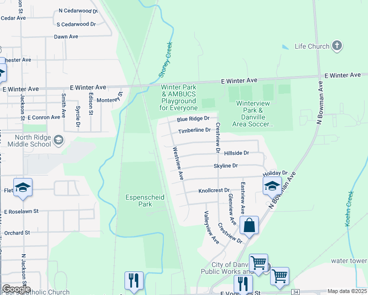 map of restaurants, bars, coffee shops, grocery stores, and more near 901-999 Sunset Ridge Drive in Danville
