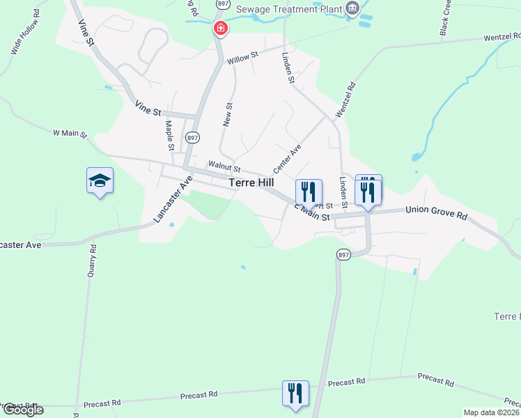 map of restaurants, bars, coffee shops, grocery stores, and more near 105 East Main Street in Terre Hill