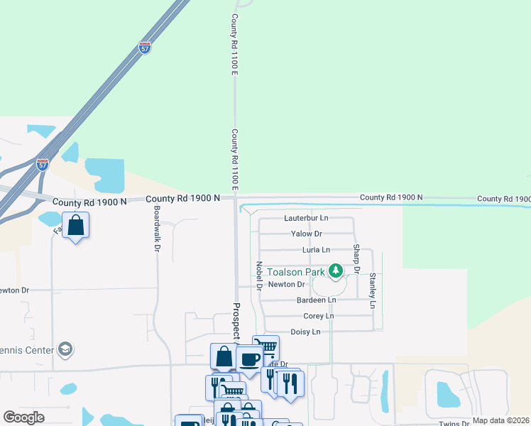 map of restaurants, bars, coffee shops, grocery stores, and more near 716 Lauterbur Lane in Champaign