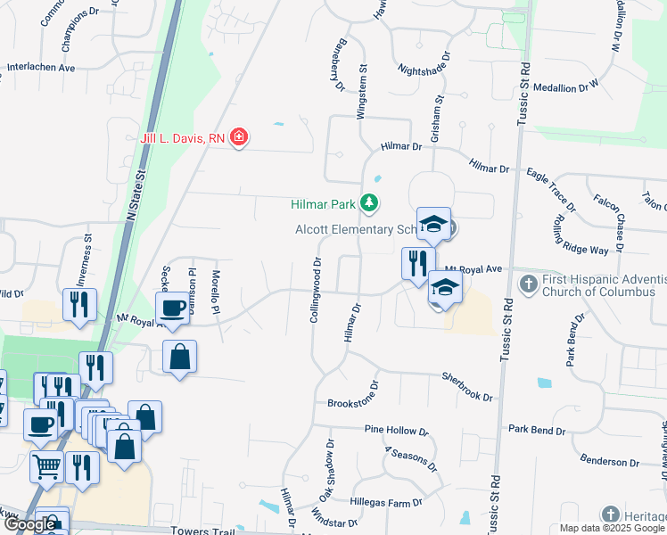 map of restaurants, bars, coffee shops, grocery stores, and more near 6594 Danbury Drive in Westerville