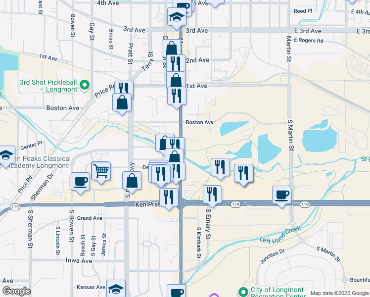 map of restaurants, bars, coffee shops, grocery stores, and more near 150 South Main Street in Longmont
