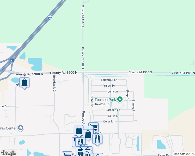 map of restaurants, bars, coffee shops, grocery stores, and more near 618 Lauterbur Lane in Champaign