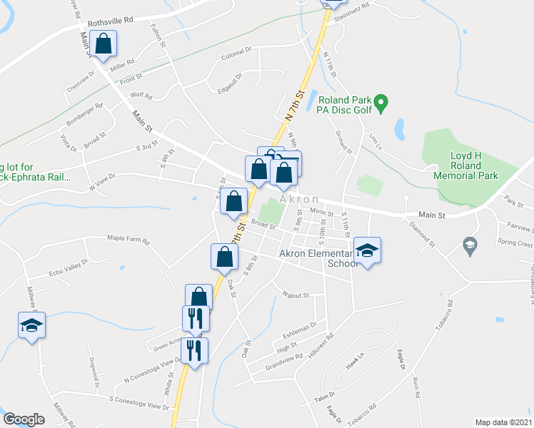 map of restaurants, bars, coffee shops, grocery stores, and more near 21 South 7th Street in Akron