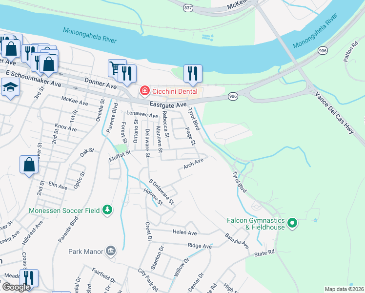 map of restaurants, bars, coffee shops, grocery stores, and more near 411 Indiana Avenue in Monessen